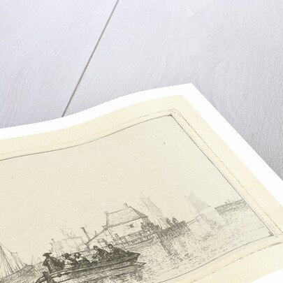 River view with rowing boat at pier by Albertus Brondgeest