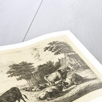 Cows and sheep lying in meadow for farm by Johannes van Cuylenburgh