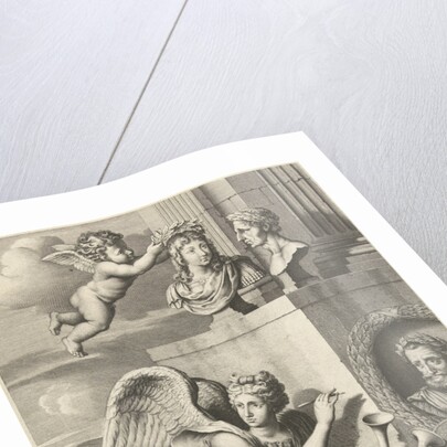 Fame sitting at portraits of rulers with laurel wreaths by Charles Errard fils