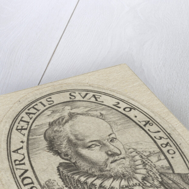 Portrait Bust of a young man with a beard, in oval with Latin inscription, Belongs to a family crest by Hendrick Goltzius