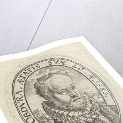 Portrait Bust of a young man with a beard, in oval with Latin inscription, Belongs to a family crest by Hendrick Goltzius