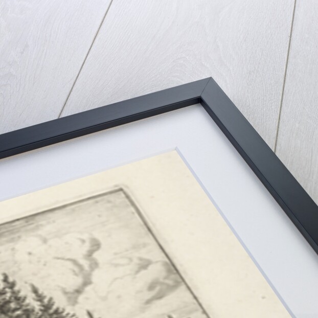 Mountain landscape with wooden chapel, on the path, next to a large rock, stands a walker by Allaert van Everdingen