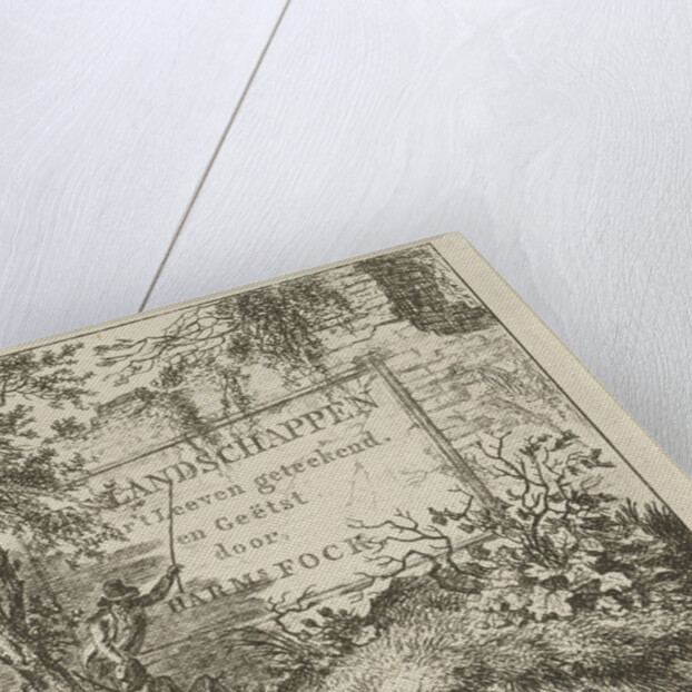 A man pointing a long stick to the inscription on a wall in a forest, while watching a second man, sitting against a tree by Hermanus Fock