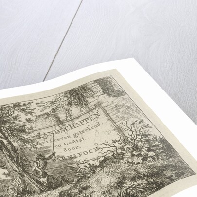 A man pointing a long stick to the inscription on a wall in a forest, while watching a second man, sitting against a tree by Hermanus Fock