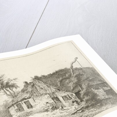 A farm with a thatched roof, a peasant woman is leaning on the lower door, next door a farmer sitting on a bench and a dog by baron Reinierus Albertus Ludovicus van Isendoorn à Blois