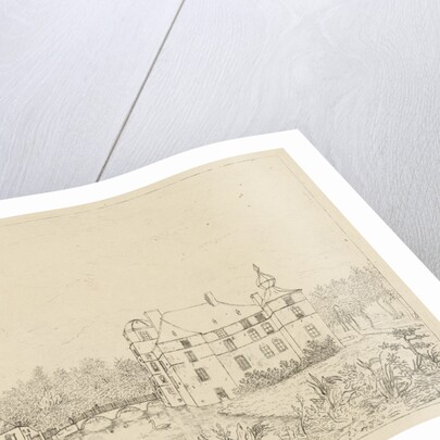 Side view of the castle Cannenburch with houses in the access by baron Reinierus Albertus Ludovicus van Isendoorn a Blois