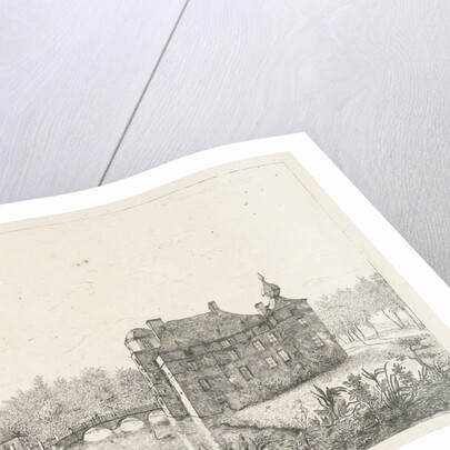 Side view of the castle Cannenburch with houses in the access by baron Reinierus Albertus Ludovicus van Isendoorn à Blois