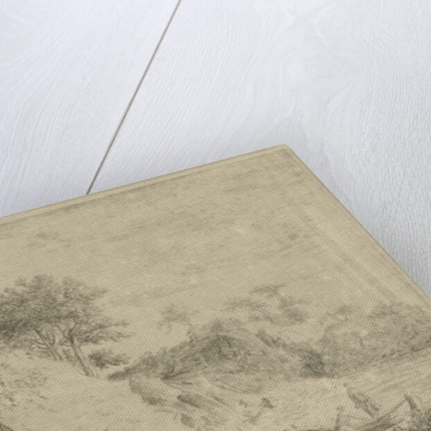 A lake and a barge containing a standing man, three men stand in the water by baron Reinierus Albertus Ludovicus van Isendoorn à Blois