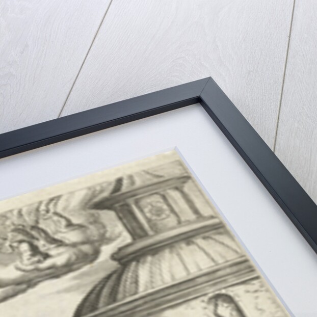 Emblem with angels that encourage men to have compassion with the pleading souls in purgatory by Hendrik Aertssens