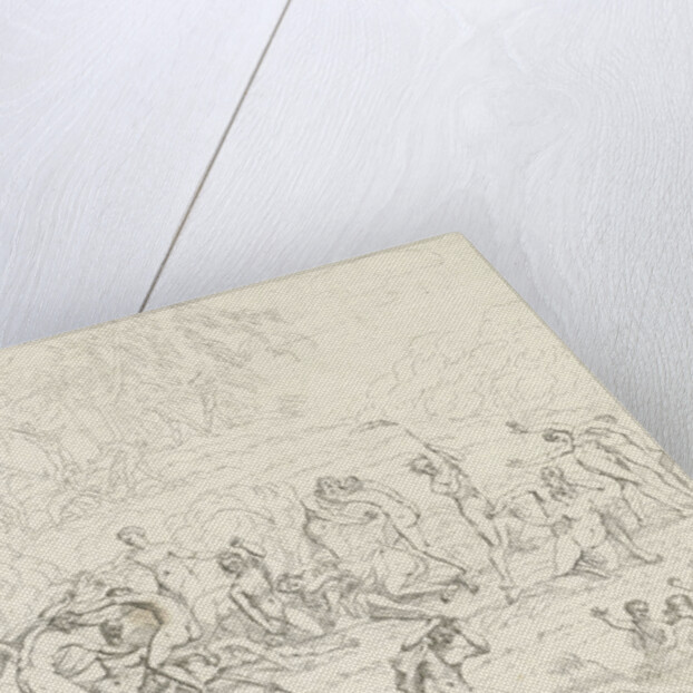 A group Bacchae fighting with each other and with a group of nymphs. Between fighting naked figures walk naked children by Gerard Melder