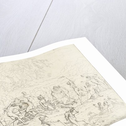 A group Bacchae fighting with each other and with a group of nymphs. Between fighting naked figures walk naked children by Gerard Melder