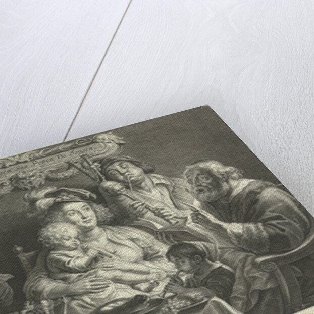 A mother sits with a small child playing flute on her lap on a set table by Schelte Adamsz. Bolswert