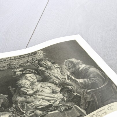 A mother sits with a small child playing flute on her lap on a set table by Schelte Adamsz. Bolswert