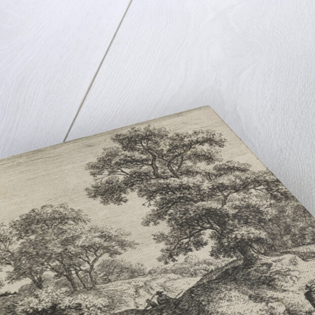 A rolling landscape, left two figures walking on a trail along a large oak tree by Anthonie Waterloo