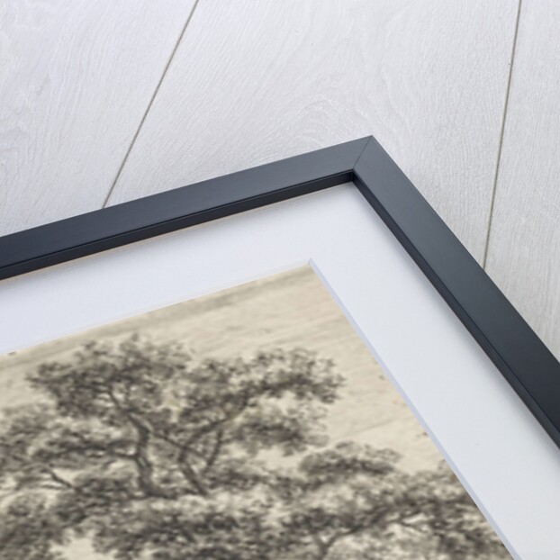 A rolling landscape, left two figures walking on a trail along a large oak tree by Anthonie Waterloo