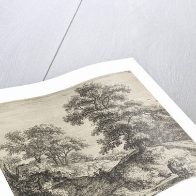 A rolling landscape, left two figures walking on a trail along a large oak tree by Anthonie Waterloo