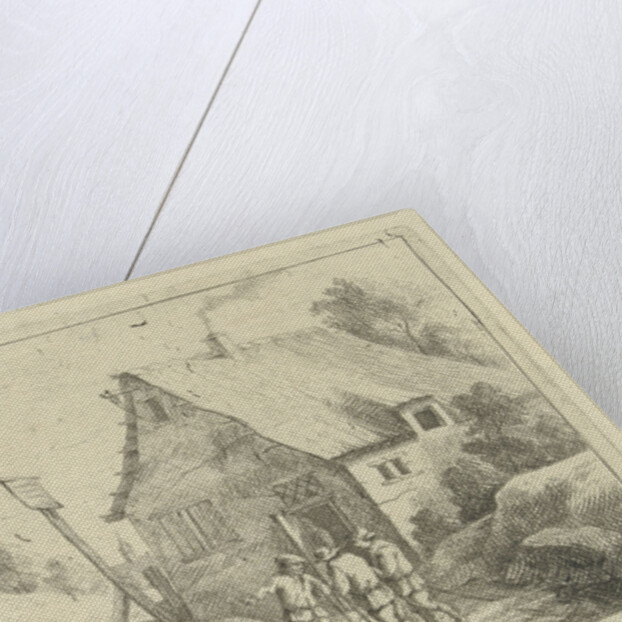 In a hilly landscape are three men talking, from the doorway is a figure, on the hill across the river a figure hanging from a gallows by Jan Lauwryn Krafft I