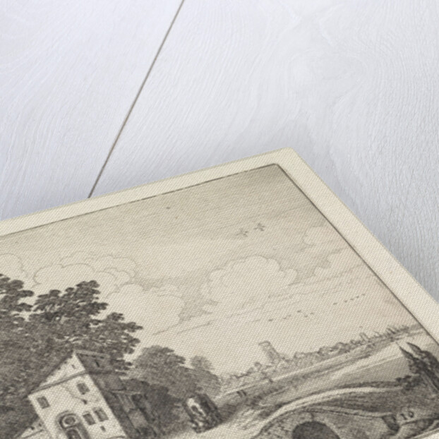 House by a stone bridge into a river landscape by Jan van de Velde II