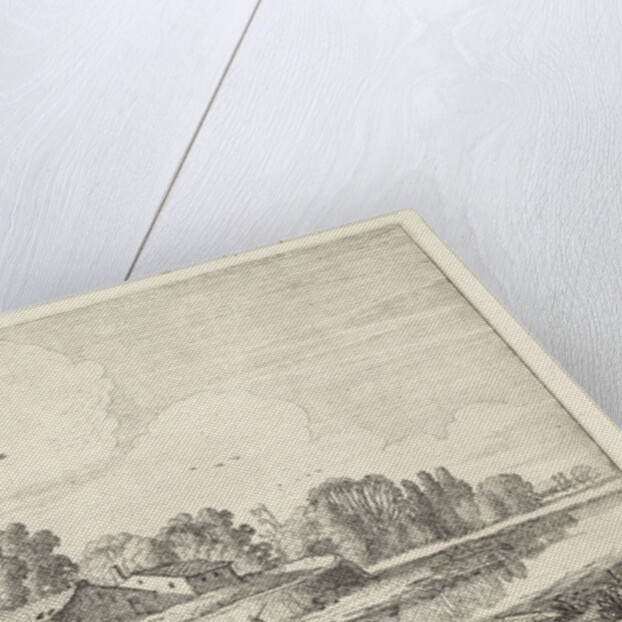 Pont with sheep in a tower in a river landscape by Jan van de Velde II