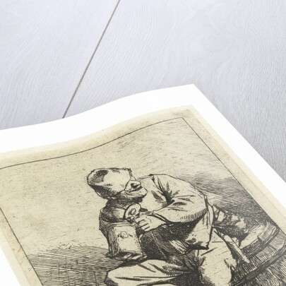 Man sitting on tons with jar owned by Cornelis Pietersz. Bega