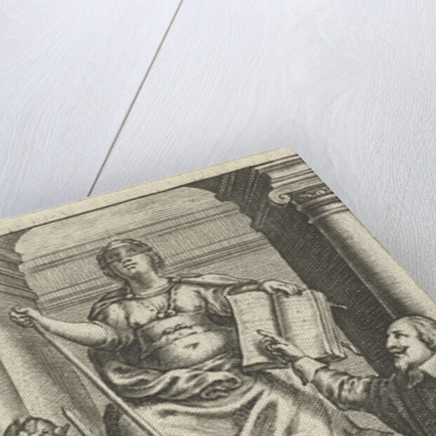 Justice enthroned on base between mental and emperor, Romulus and Remus suckled by the wolf by Lowijs Elzevier III