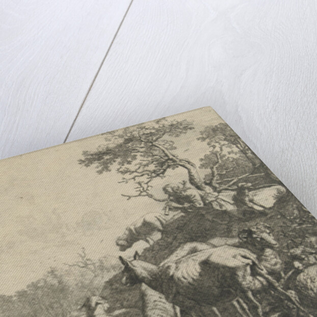 Shepherd with dog on a hill, playing on a flute, the flock of sheep in the foreground by Paulus Potter