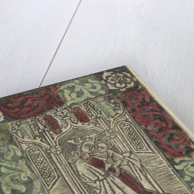 Mary with Child standing in front of Gothic architecture in rectangular frame with decoration of leaf motifs by Anonymous