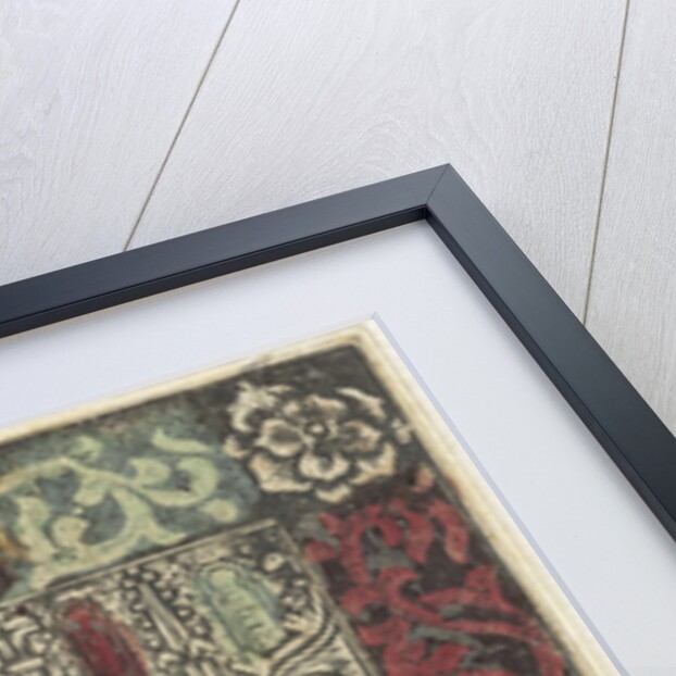 Mary with Child standing in front of Gothic architecture in rectangular frame with decoration of leaf motifs by Anonymous