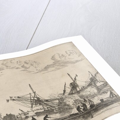 Behind a breakwater are three keeled flute ships by Reinier Nooms