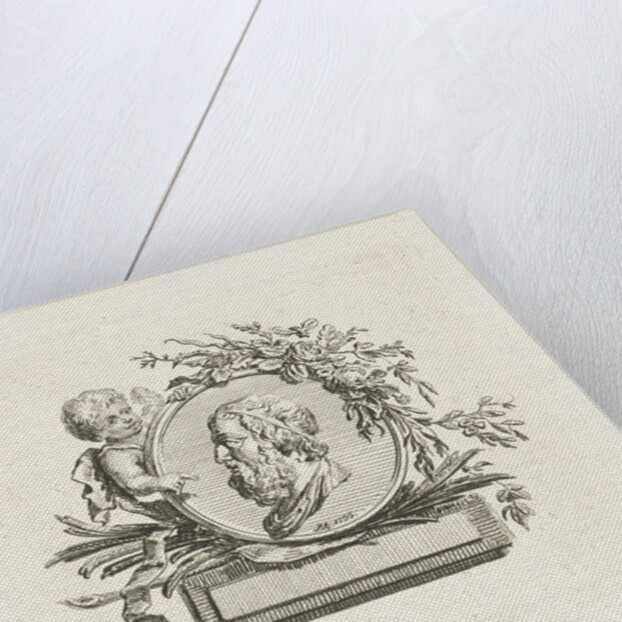 Bust of Homer on medallion held by angel and decorated with flowers and palm branches by Willem Bilderdijk