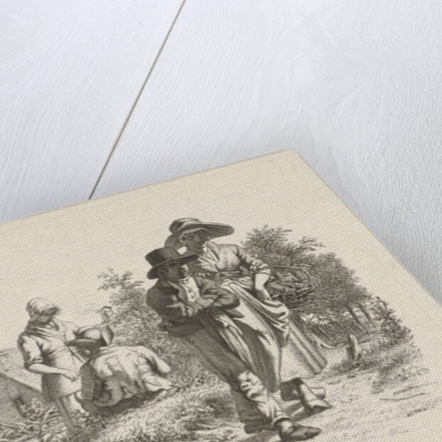 Blind woman and conversing figures at a farm by Jacob Ernst Marcus