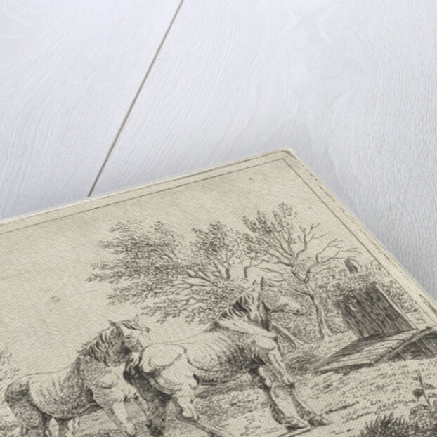 Meadow Landscape with two horses at bridge and farm by Cornelis Bisschop