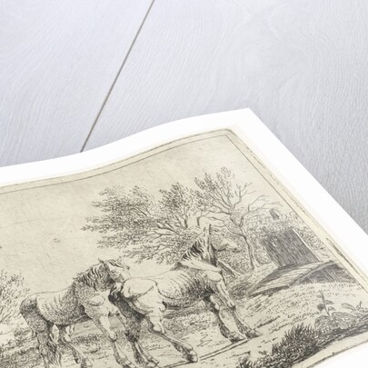 Meadow Landscape with two horses at bridge and farm by Cornelis Bisschop