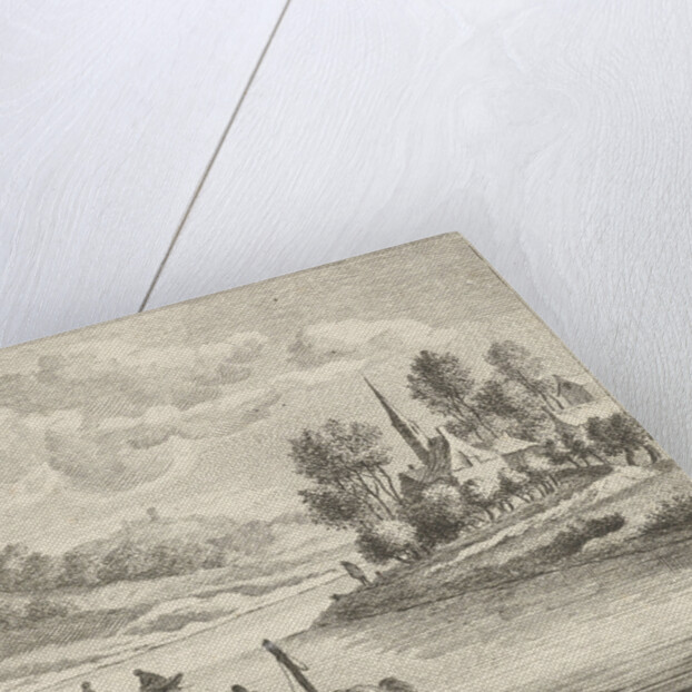 Riverview with two boats at a village by Anthonij van der Haer