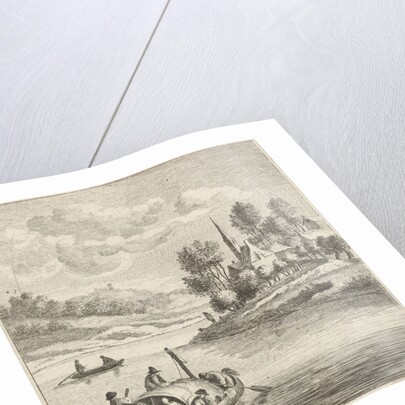 Riverview with two boats at a village by Anthonij van der Haer