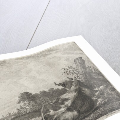 Spotted cow lying on a wooden post by Jacobus Cornelis Gaal