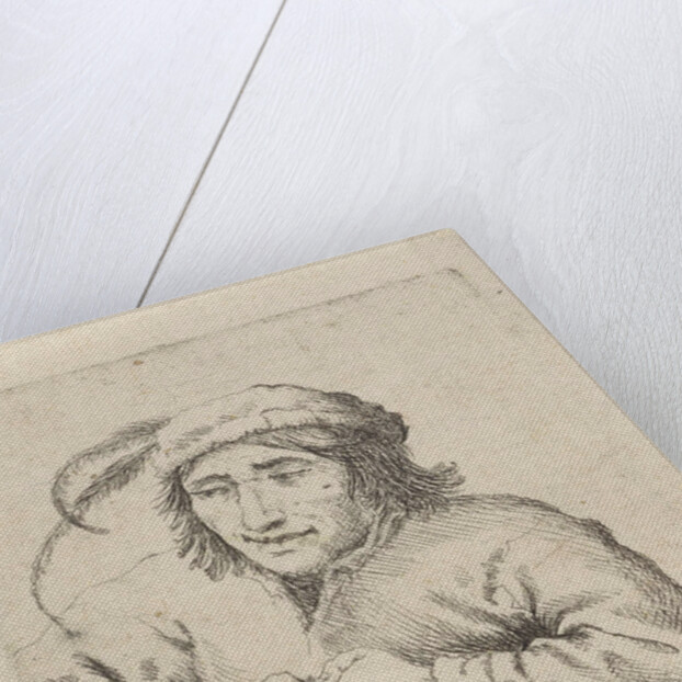 A man wearing a hat with feathers sits at a table, in front of him tobacco and a pipe by Anonymous