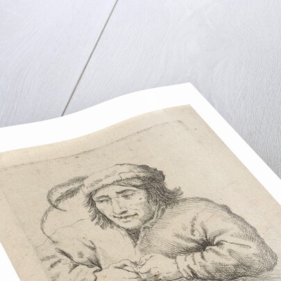 A man wearing a hat with feathers sits at a table, in front of him tobacco and a pipe by Anonymous