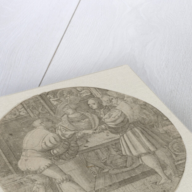 Circular performance with three men around the table with two dice by Monogrammist PVL