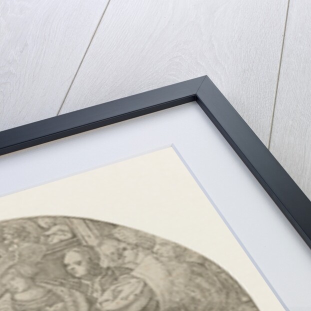 Circular performance with three men around the table with two dice by Monogrammist PVL