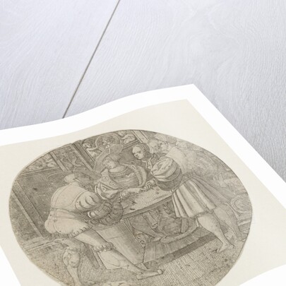 Circular performance with three men around the table with two dice by Monogrammist PVL