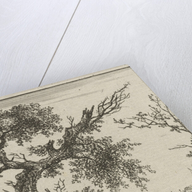 A view on a large overhanging tree and a rowing boat where two men sit by Hermanus Fock