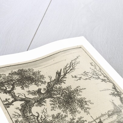 A view on a large overhanging tree and a rowing boat where two men sit by Hermanus Fock