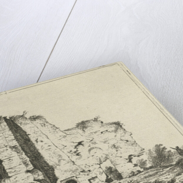 View of ruins, in the shadows are a man and a woman with a dog in the grass by Hermanus Fock