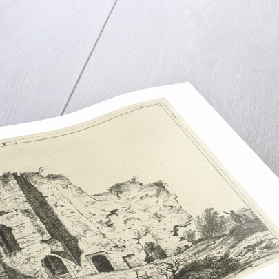 View of ruins, in the shadows are a man and a woman with a dog in the grass by Hermanus Fock