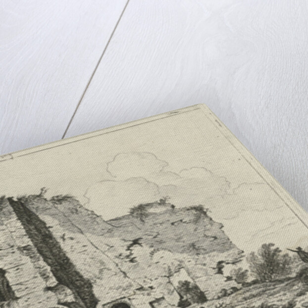 Shepherds with dog in ruin by Hermanus Fock