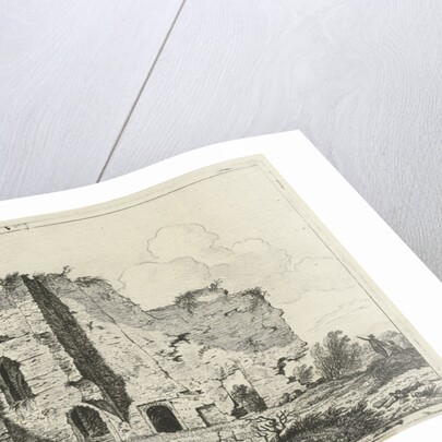 Shepherds with dog in ruin by Hermanus Fock