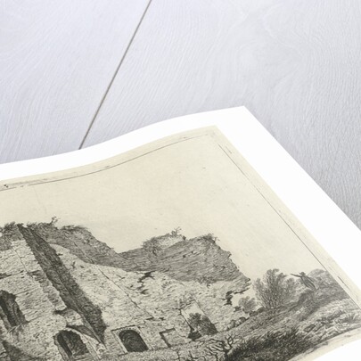 Shepherds with dog in ruin by Hermanus Fock