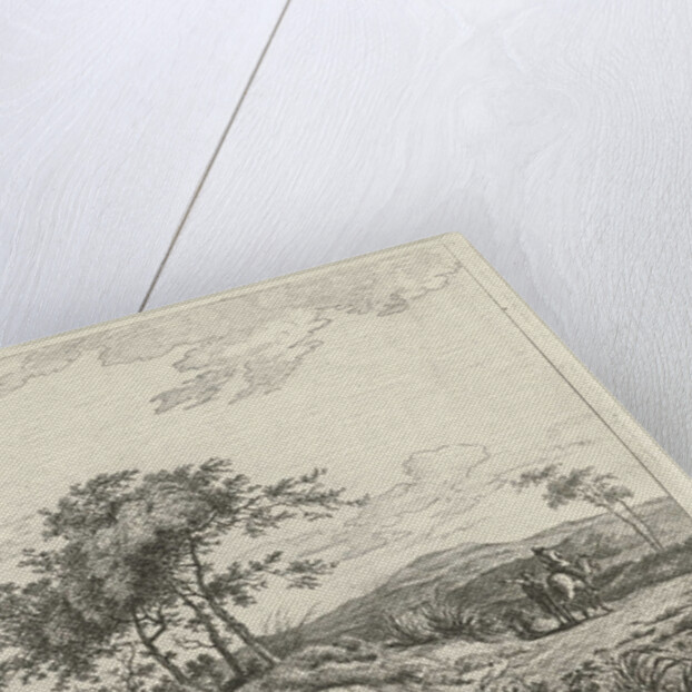 A hilly landscape with a tree in the middle party by Hermanus Fock