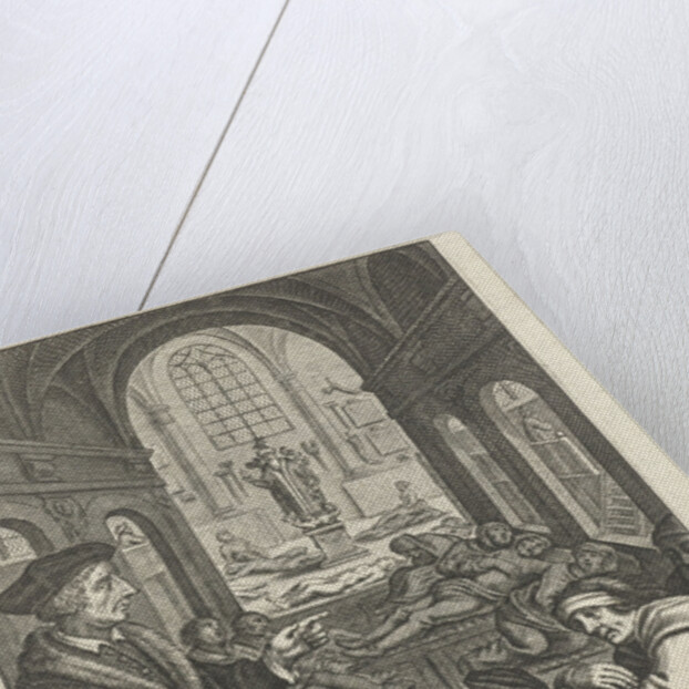 Healer John Fernelius speaks to patient in hospital ward where patients lie on the floor by Franciscus Hackius